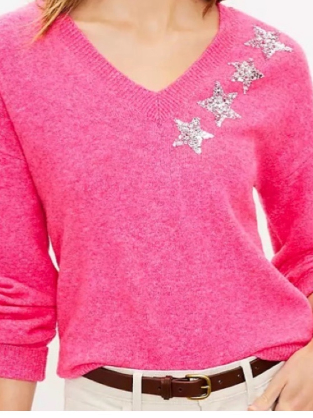 LOFT Pink V-Neck Sweater with Silver Star Appliqués